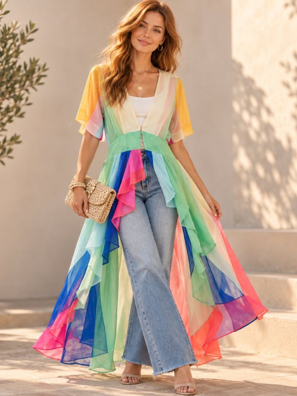 Thread Story Duster XL Multicolor Sheer Maxi High Low Boho Kimono Layering Top